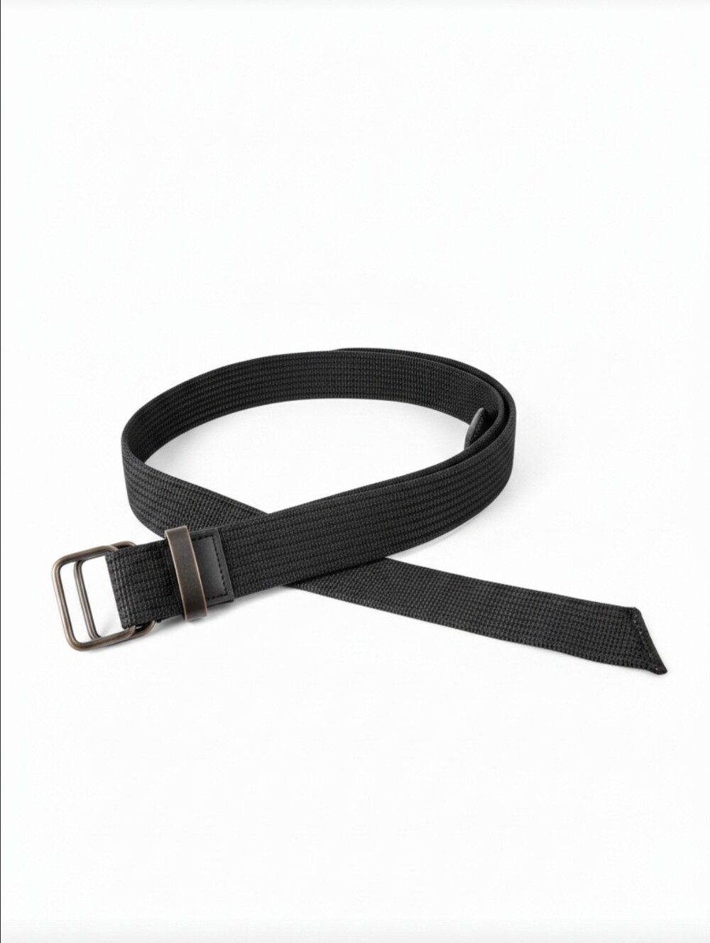 Black Woven Webbing Belt Double Rectangle Metal Buckle Casual Utility